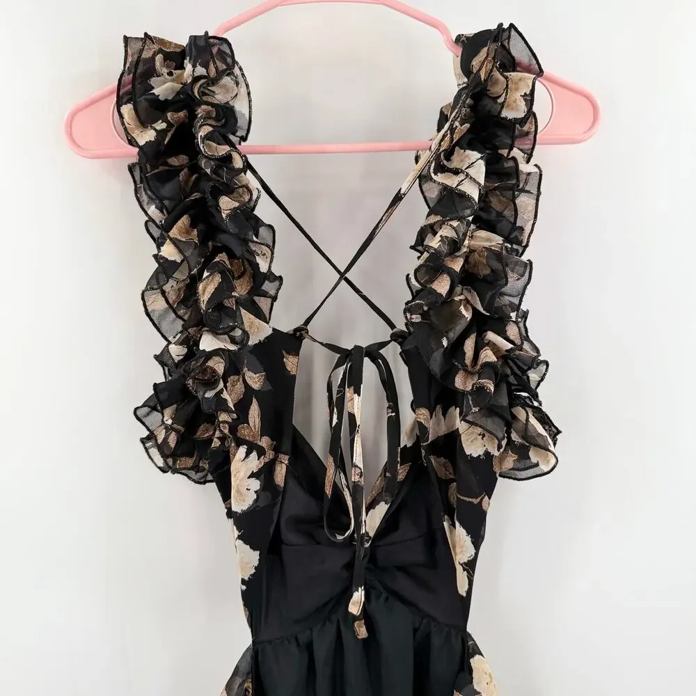 Petal & Pup Lucah Dress Size Large Frill Floral Maxi Wedding Formal Cocktail Blk - Picture 10 of 16